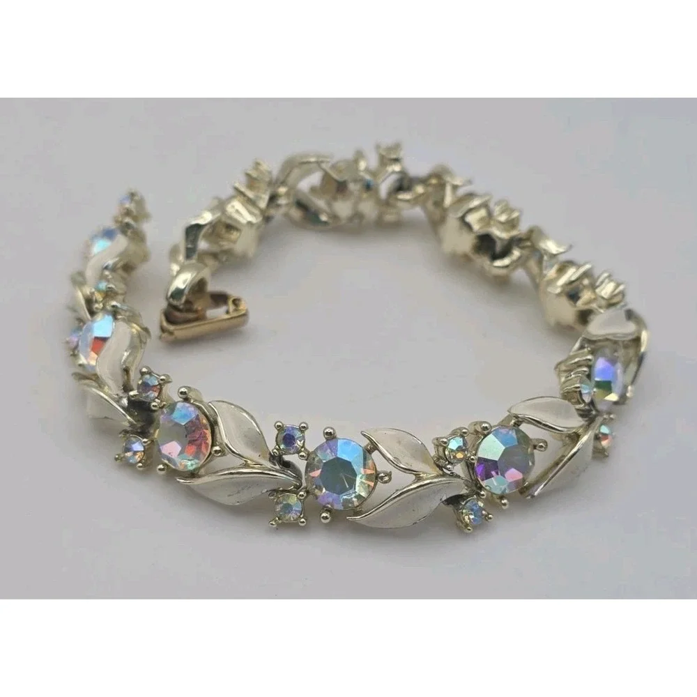 Vintage Lisner Aurora Borealis Rhinestone Leaf Link Bracelet 7.5